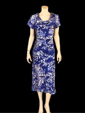 Y2K Blue Floral Bias Cut SILK VELVET Burnout Cowl Neck Slip Dress / 12 / L XL